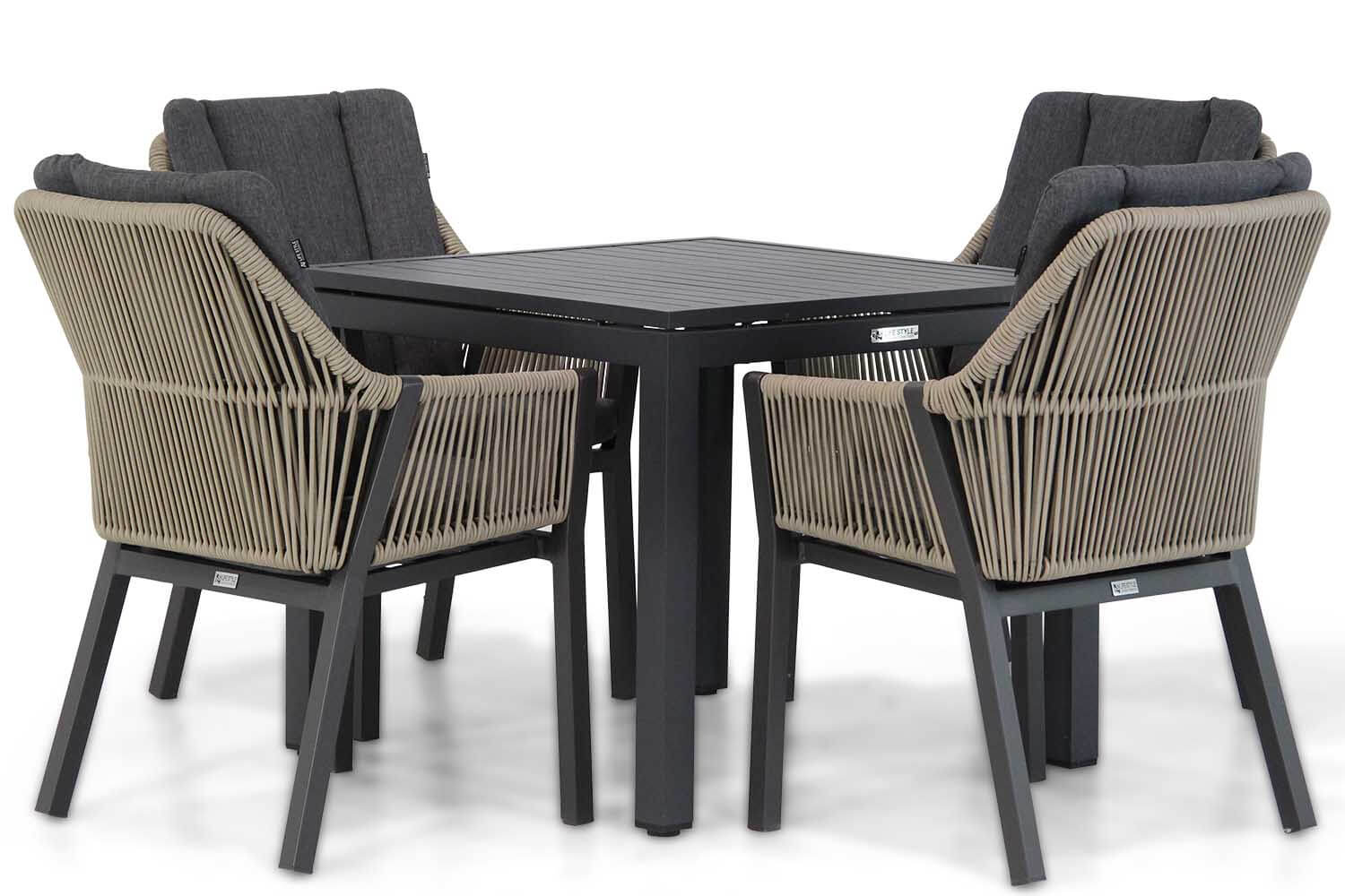 verona rope dining tuinstoel taupe met concept dining tuintafel 90 cm 5 delig - Lifestyle Verona/Concept 90 cm dining tuinset 5-delig